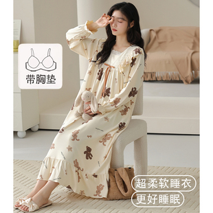 猫人纯棉睡裙女款带胸垫睡衣春秋款长袖宽松孕妇大码家居服可外穿