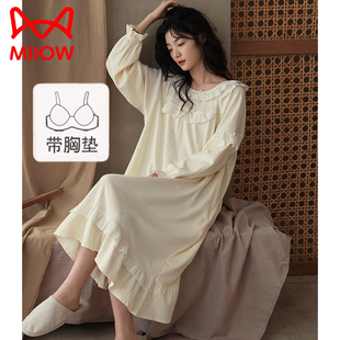 猫人纯棉睡裙女带胸垫长袖春秋款2025新款宽松娃娃领家居服可外穿