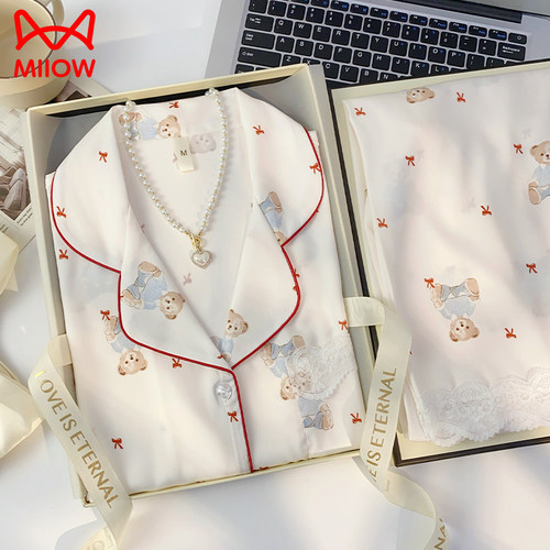 猫人冰丝睡衣女夏季短袖三件套