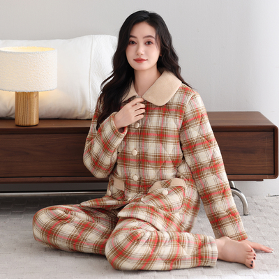 猫人夹棉女士睡衣冬季纯棉三层加厚加绒棉袄2025新款家居服套装冬