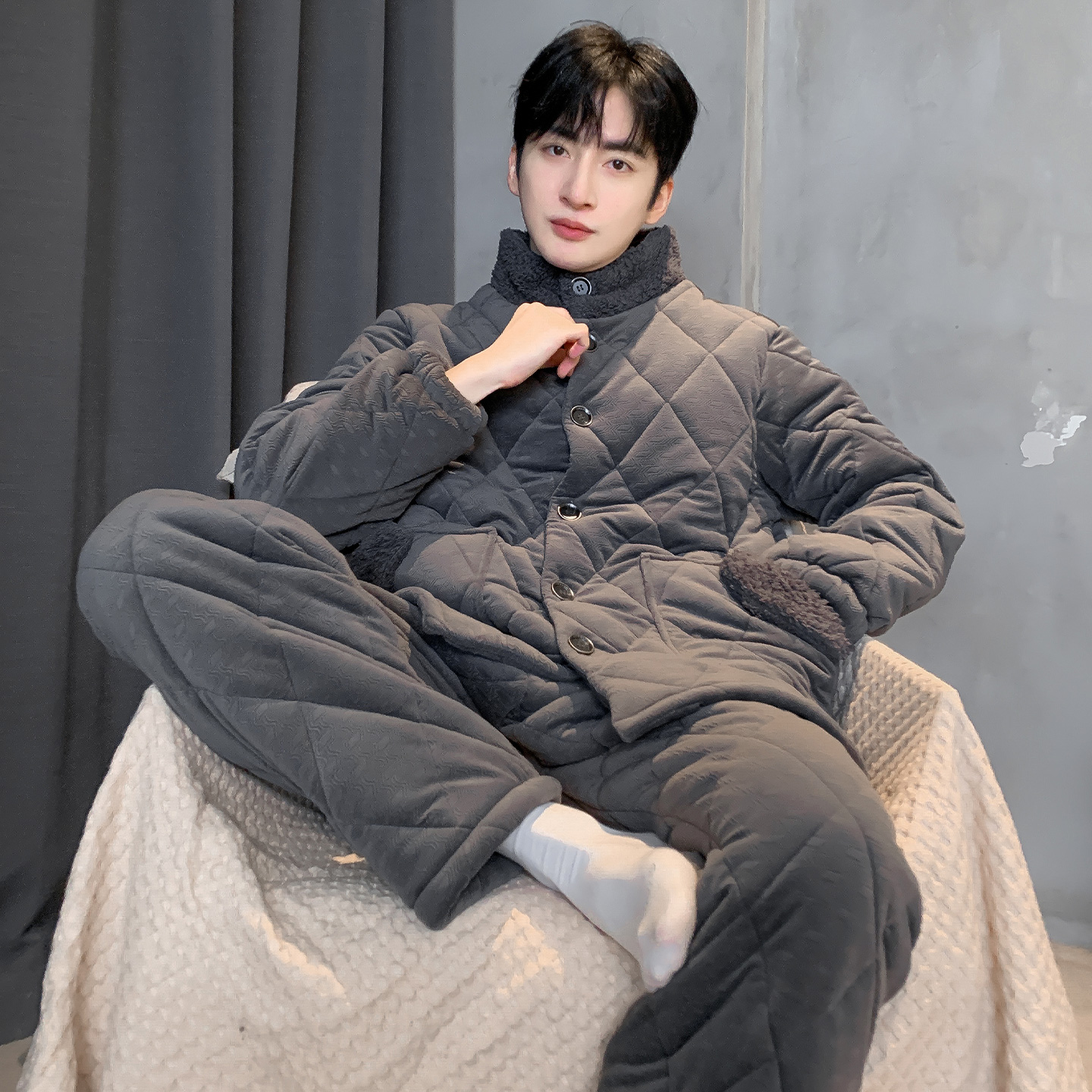 猫人男士睡衣珊瑚绒三层加厚夹棉袄冬季海岛绒家居服套装可外穿冬