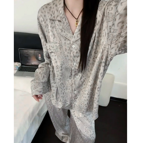 猫人冰丝睡衣女带胸垫春秋款长袖薄款2026新款高级感豹纹家居服秋