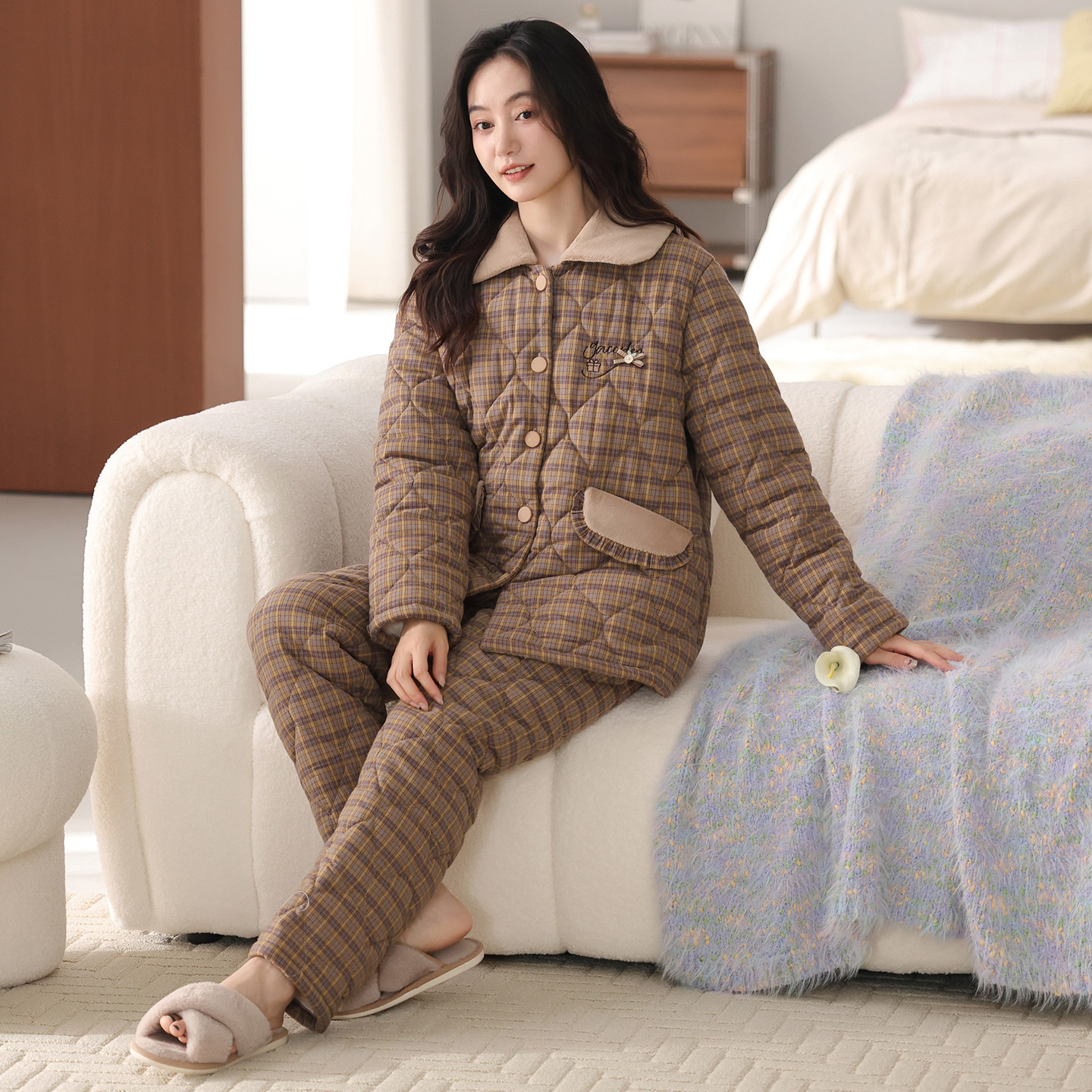 猫人纯棉睡衣女款秋冬季三层加厚夹棉2026款加绒棉袄家居服套装