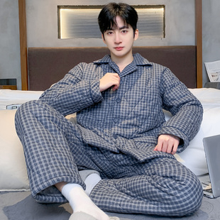猫人男士睡衣冬季纯棉三层加厚夹棉超厚棉袄宽松开衫家居服冬天