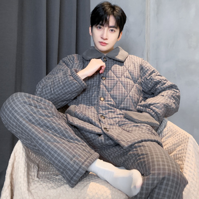 猫人冬季夹棉睡衣男款纯棉三层加厚加绒棉袄2025款家居服开衫套装