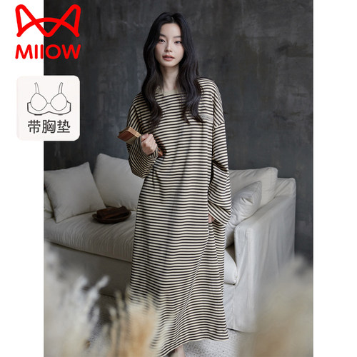 猫人带胸垫睡裙女春秋季纯棉