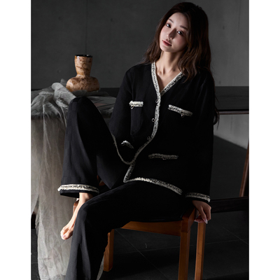 猫人带胸垫睡衣女春秋季纯棉长袖高级感家居服小香风套装可外穿秋