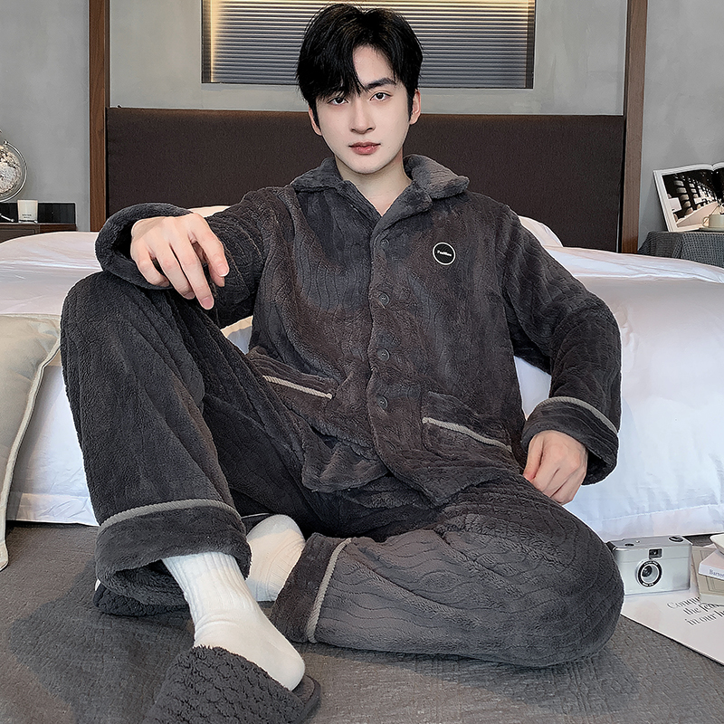 猫人男睡衣秋冬款珊瑚绒加厚加绒
