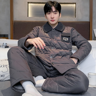 猫人羽绒睡衣男士冬季三层加厚夹棉袄2025新款保暖家居服开衫套装