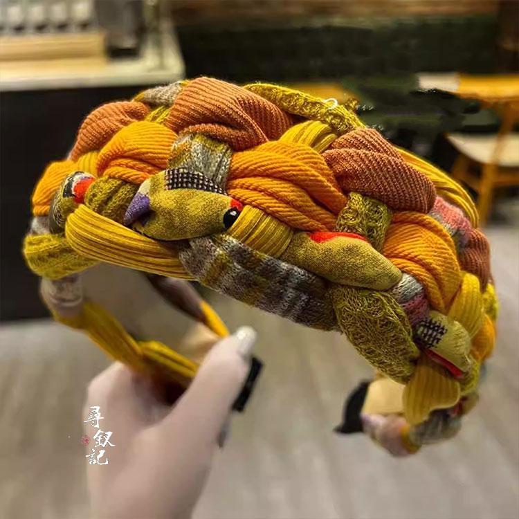 克莱因蓝编织发箍2024年网红新款秋冬韩国撞色麻花宽头箍头窟发卡