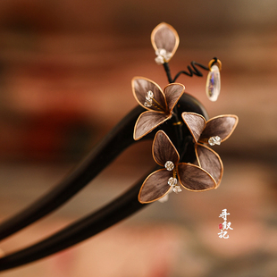 原创中国风发饰非遗绒花头饰檀木发簪后脑勺木发钗国风绒花发钗女