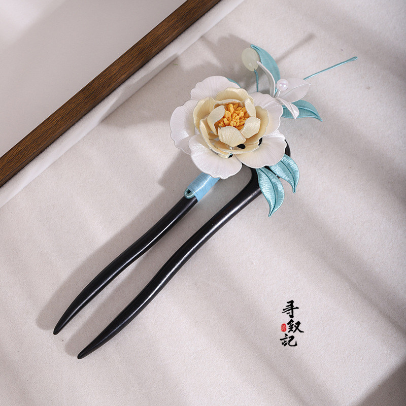 原创【白色牡丹】非遗蚕丝绒花檀木发簪古风汉服旗袍优雅气质头饰