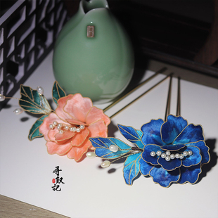 非遗绒花发簪古风发饰步摇汉服头饰中国景泰蓝新中式发钗点翠簪子