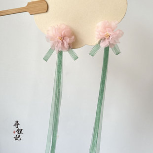 甜美薄纱花朵发夹边夹一对装汉服发饰超仙雪纱长飘带流苏古风头饰