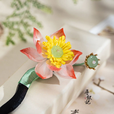 新中式非遗绒花荷花发簪女高级感古风发饰复古汉服盘发黑檀木簪子