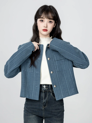 Ретро синяя осенняя куртка, короткий осенний кардиган, в стиле Шанель, круглый воротник