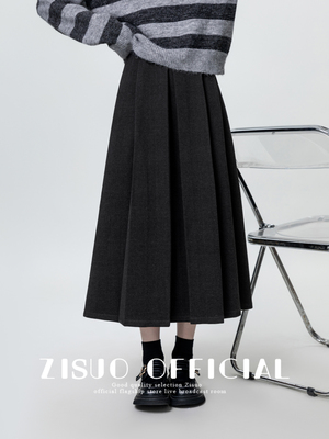 灰色毛呢半身裙女秋冬2025新款百搭高腰显瘦a字百褶裙中长款裙子
