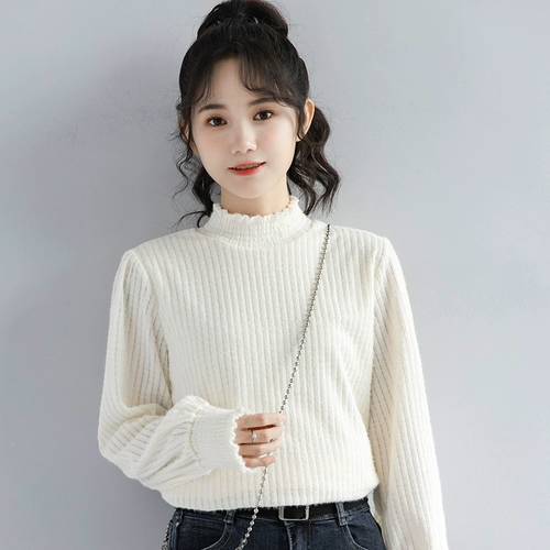 Демисезонный милый абрикосовый цветной базовый приятный телу флисовый лонгслив, высокий воротник