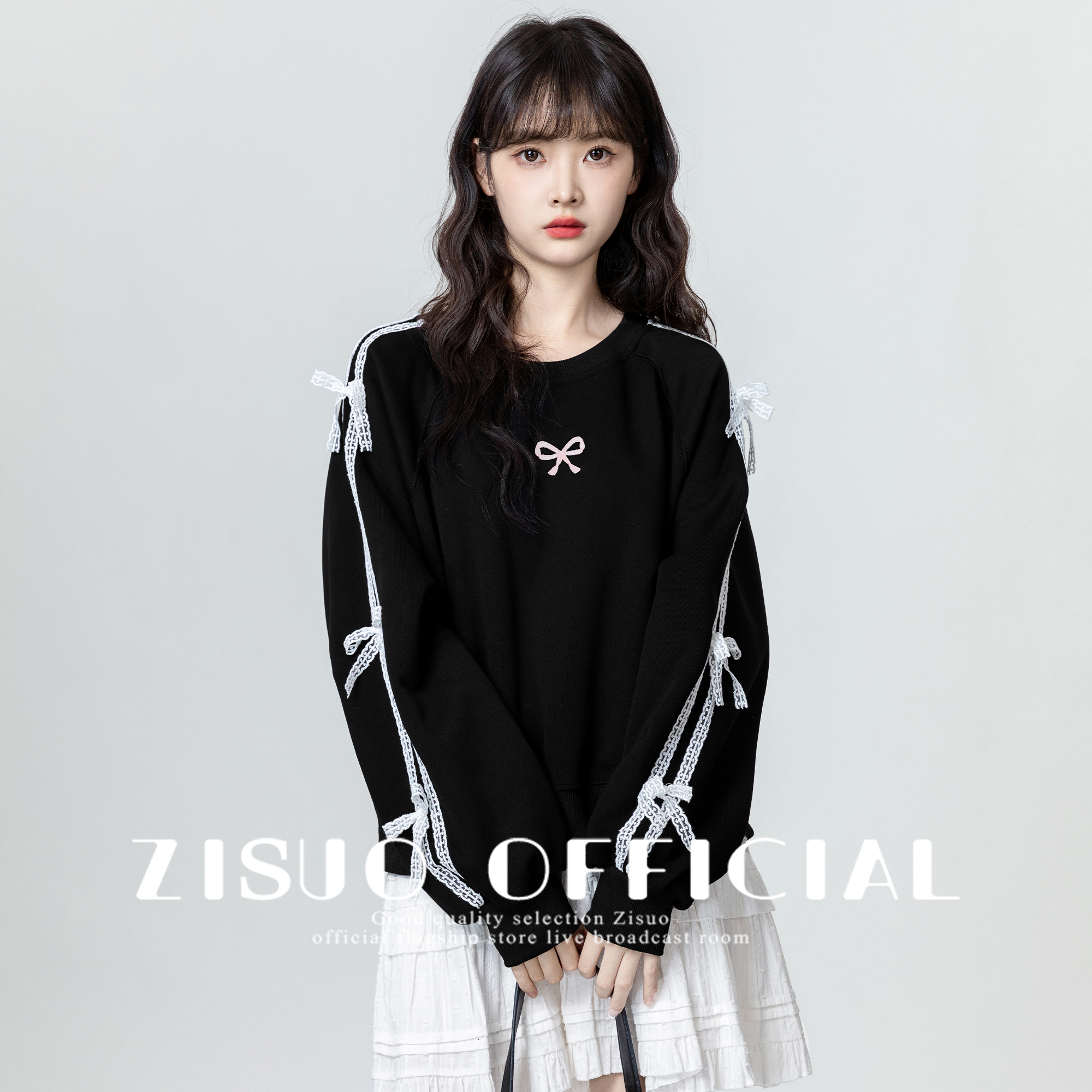 黑色蝴蝶结圆领卫衣女2025春秋新款设计感蕾丝拼接无帽套头上衣潮