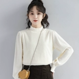 Демисезонный милый абрикосовый цветной приятный телу флисовый лонгслив, высокий воротник