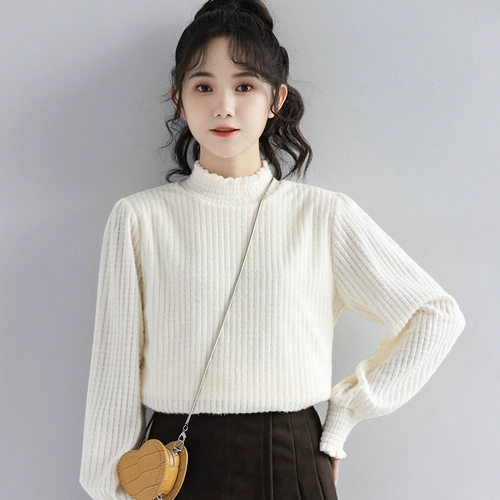 Демисезонный милый абрикосовый цветной базовый приятный телу флисовый лонгслив, высокий воротник