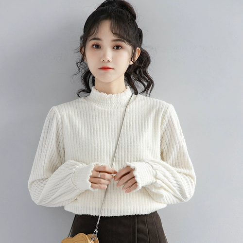 Демисезонный милый абрикосовый цветной базовый приятный телу флисовый лонгслив, высокий воротник