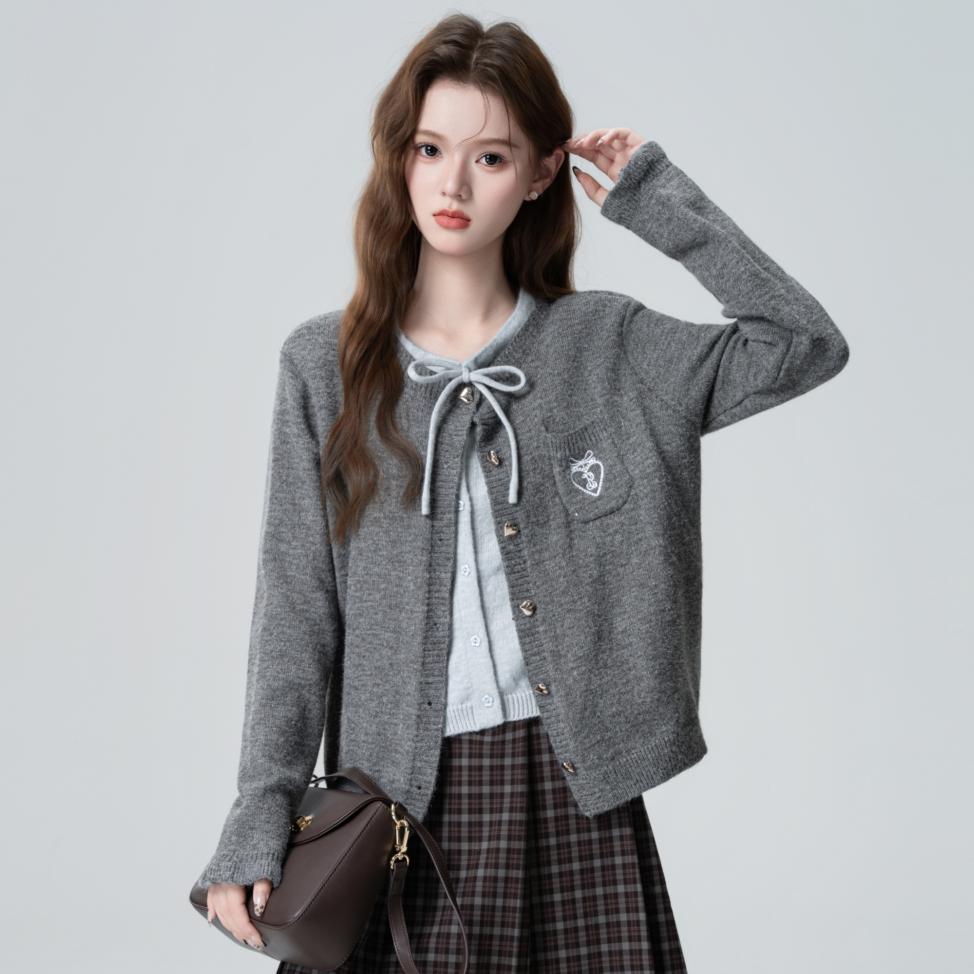 深灰色蝴蝶结针织开衫女春秋2025秋季新款假两件毛衣外套短款上衣