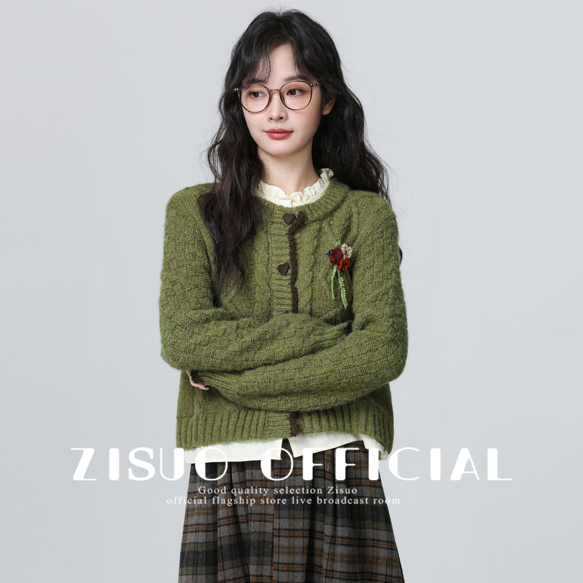 复古绿色假两件毛衣外套女2025秋冬新款花边领拼接针织开衫短上衣