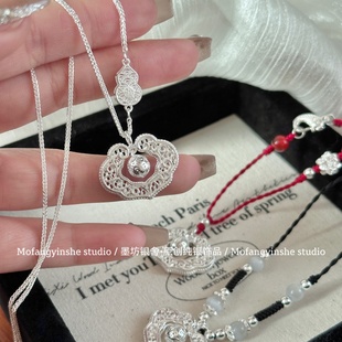 足银999绣球花丝如意祥云银锁锦鲤莲花纯银平安锁编绳项链毛衣链