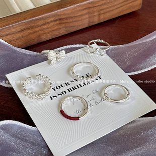 足银999推拉戒指开口可调节纯银蝴蝶结小花爱心叠戴简约素圈戒指