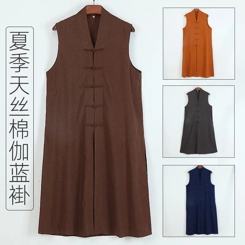 僧服女夏季薄款天丝棉伽蓝褂无袖中褂长马甲透气凉爽僧衣和尚服男