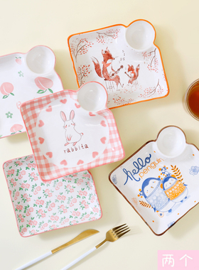 2022新款高颜值网红带醋碟饺子盘家用创意分格盘ins风简约卡通