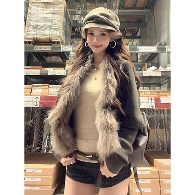 大毛领蝙蝠袖针织开衫女