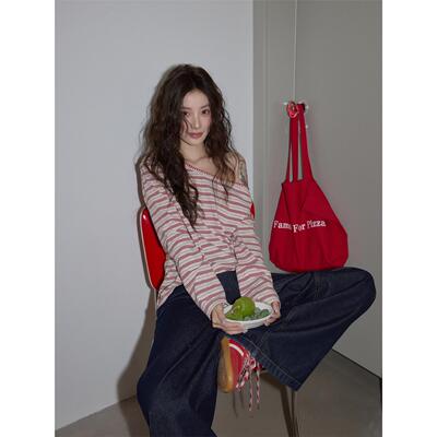 吵吵家甜辣红色条纹斜肩T