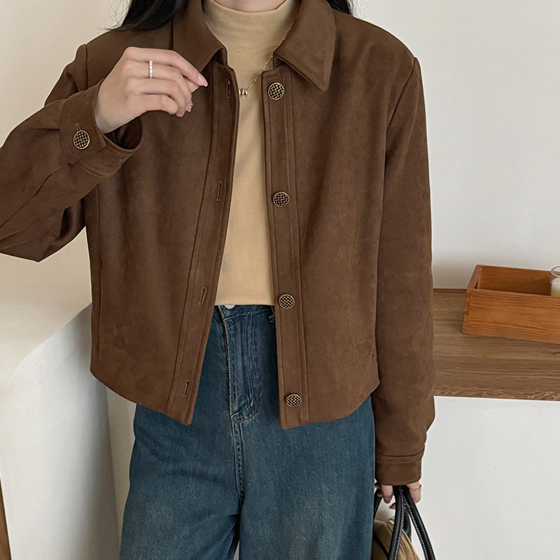 秋冬复古麂皮绒棕色上衣小个子羽绒内里夹克短款外套女百搭