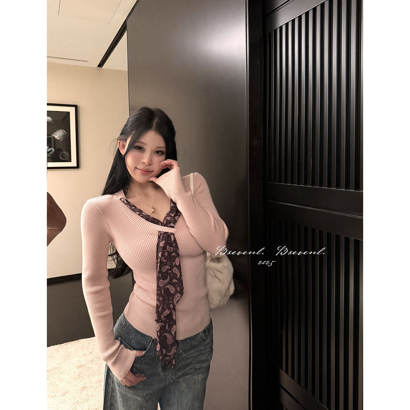 黑泽玄七冬季微胖韩系设计感毛针织衫女丝巾V领修身显瘦长袖上衣