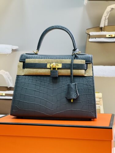 法国师傅纯手工缝制凯莉包雾霾蓝雾面美洲鳄鱼皮金扣kelly25/28cm