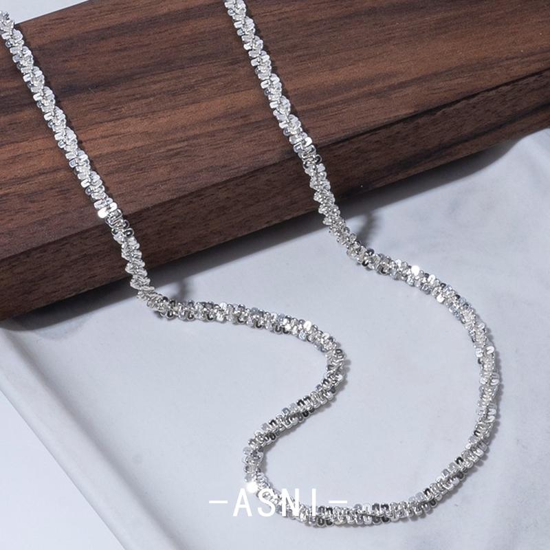 不掉色不过敏S925纯银项链波光粼粼闪满天星锁骨链白金素链银裸链