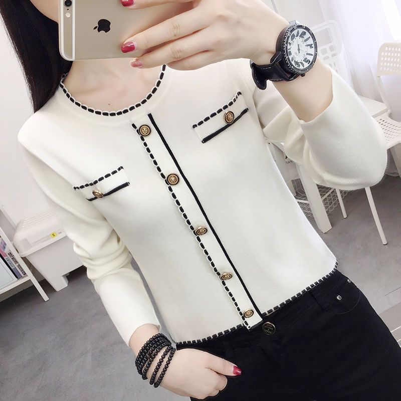 初秋上衣女设计感新款百搭修身小香风圆领短款针织打底长袖T恤女