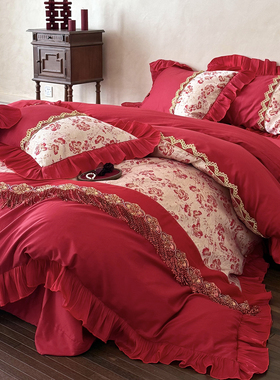 时尚婚庆100S长绒棉贡缎提花四件套全棉红色喜庆结婚纯棉高档床品