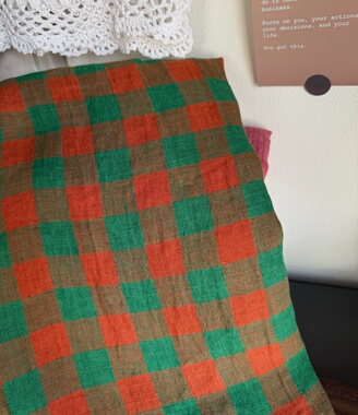 21支橘色加绿色格子亚麻宽度1.4米半米价格手工服装面料