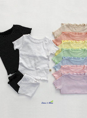 4折 现货 porky夏款 儿童可爱花边彩色点点舒适家居服衣套装