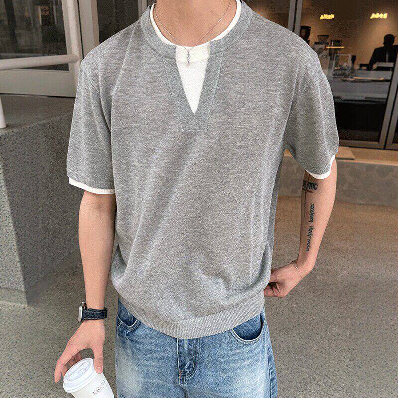 老钱风假两件针织冰丝短袖男款夏季拼接撞色设计高级感V领半袖T恤