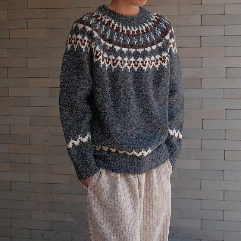 冬季加厚粗针圆领毛衣费尔岛手工提花套头针织衫上衣男士宽松保暖