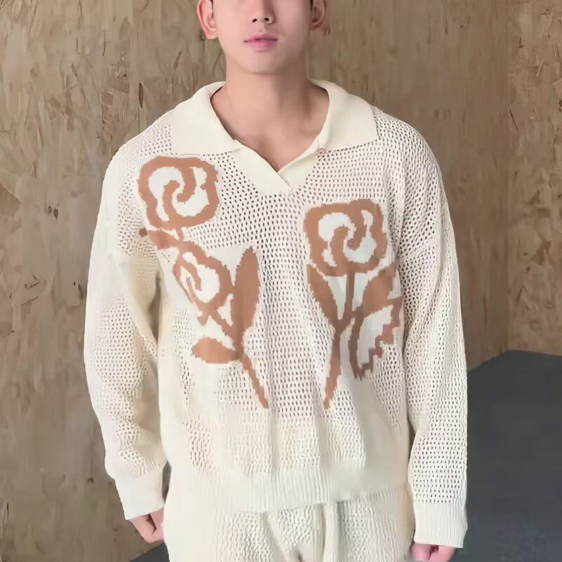 夏季穿搭针织镂空设计感翻V领长袖t恤男生韩系海边沙滩外搭上衣潮