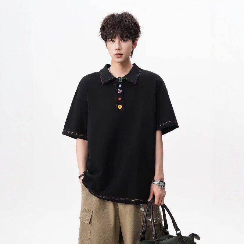 黑色彩色纽扣polo衫男女夏季美式