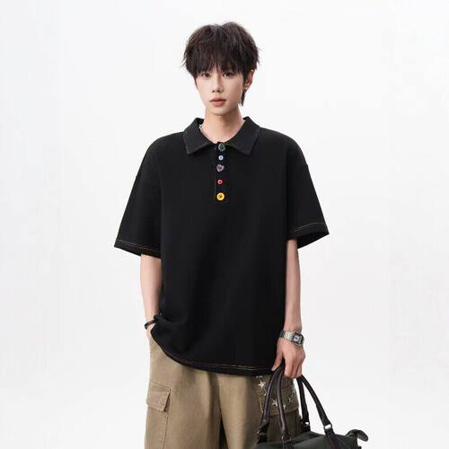 黑色彩色纽扣polo衫男女夏季美式