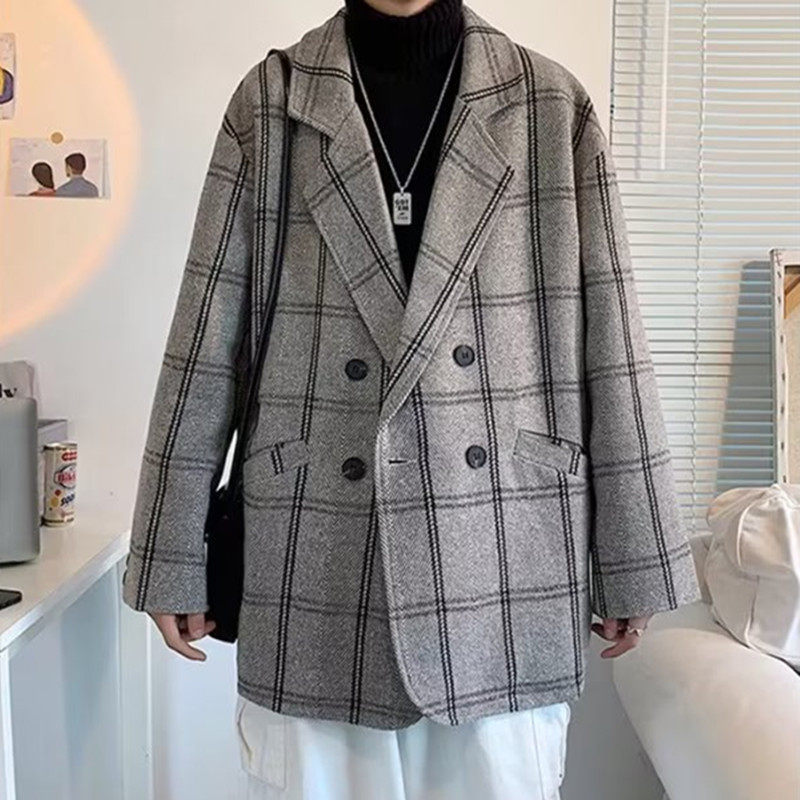 双排扣呢子风衣男中长款ins潮流格子外套男秋冬季男士毛呢大衣服