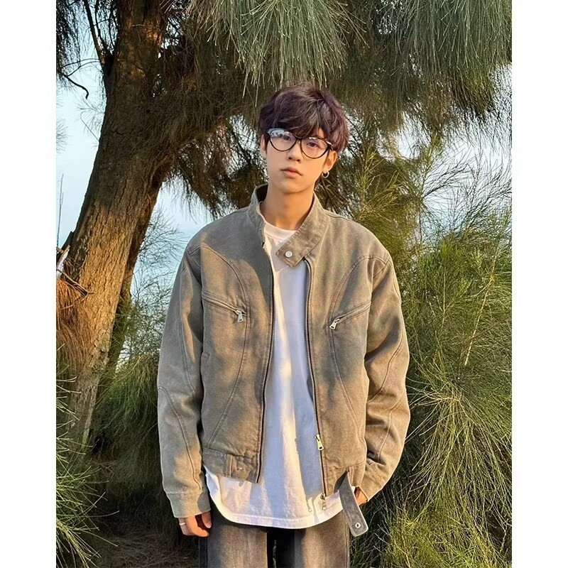 水洗灰色立领牛仔外套男春季时尚