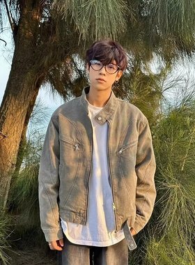 水洗灰色立领牛仔外套男春季时尚潮牌拉链短款外套美式设计感夹克